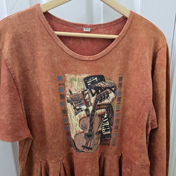 Vintage 90s Maxi Dress Rust Orange Pleated Long Sleeve Abstract Music Guitar - Picture 5 of 10